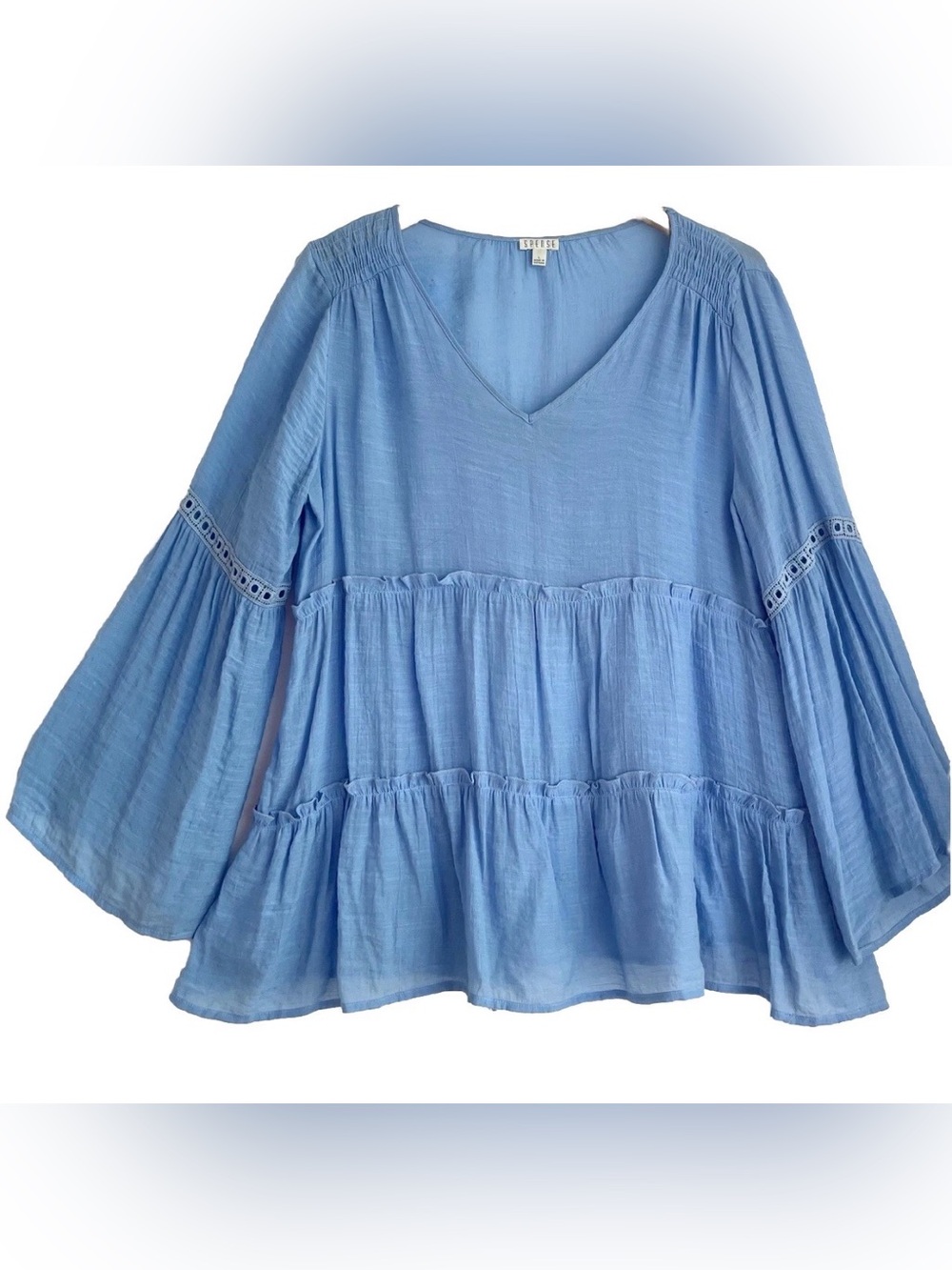 Spense Women’s Top Size Large Tunic V-neck Tiered Cornflower Blue Swing Babydoll